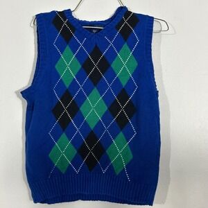 Basic Editions Kids Blue Green Black Argyle V Neck Sweater Vest Size S